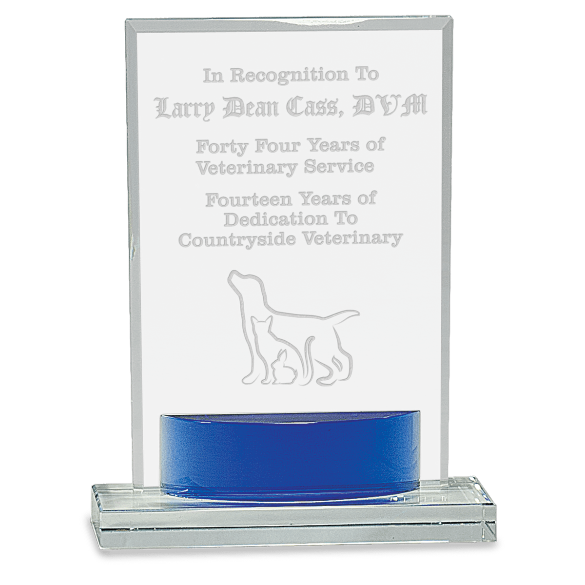 Personalized Crystal Rectangle Award with Blue Accent – custom engraved by Silver Squirrel Engraving & Gifts