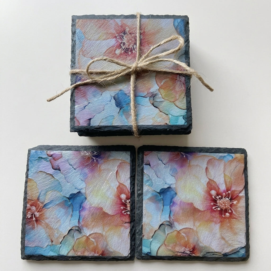 Peach Floral Watercolor Slate Coaster Set of 4