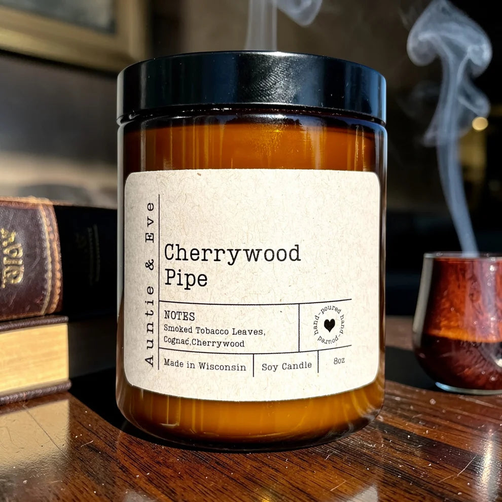Cherrywood Pipe Soy Candle - 8 oz Amber Jar