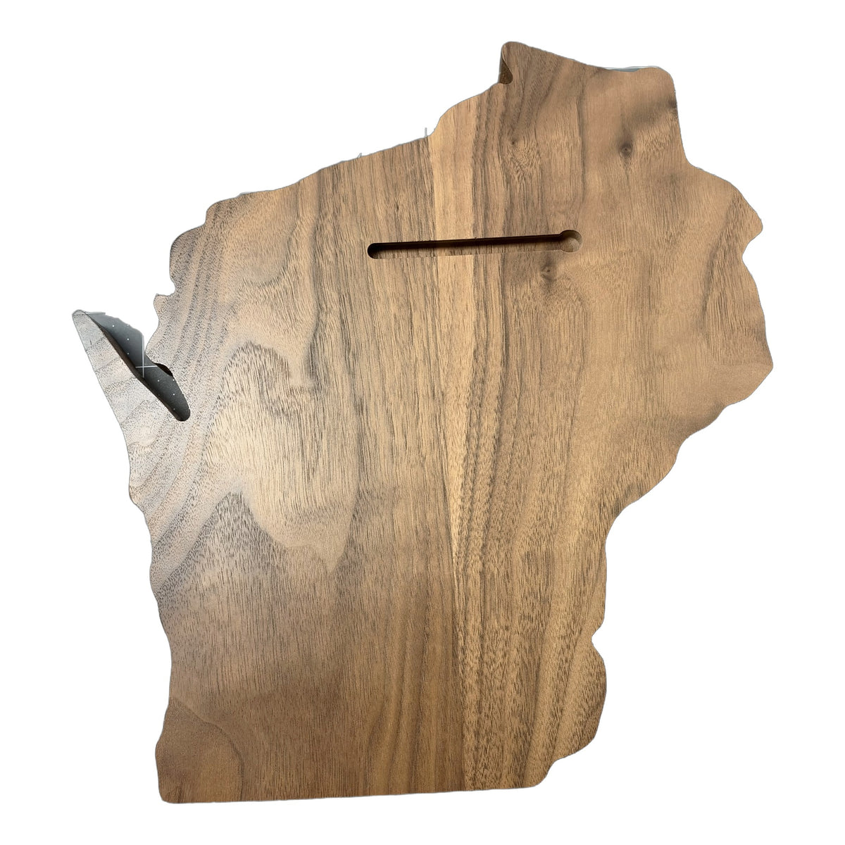 Back of the walnut Wisconsin plaque showing the keyhole hanging slot