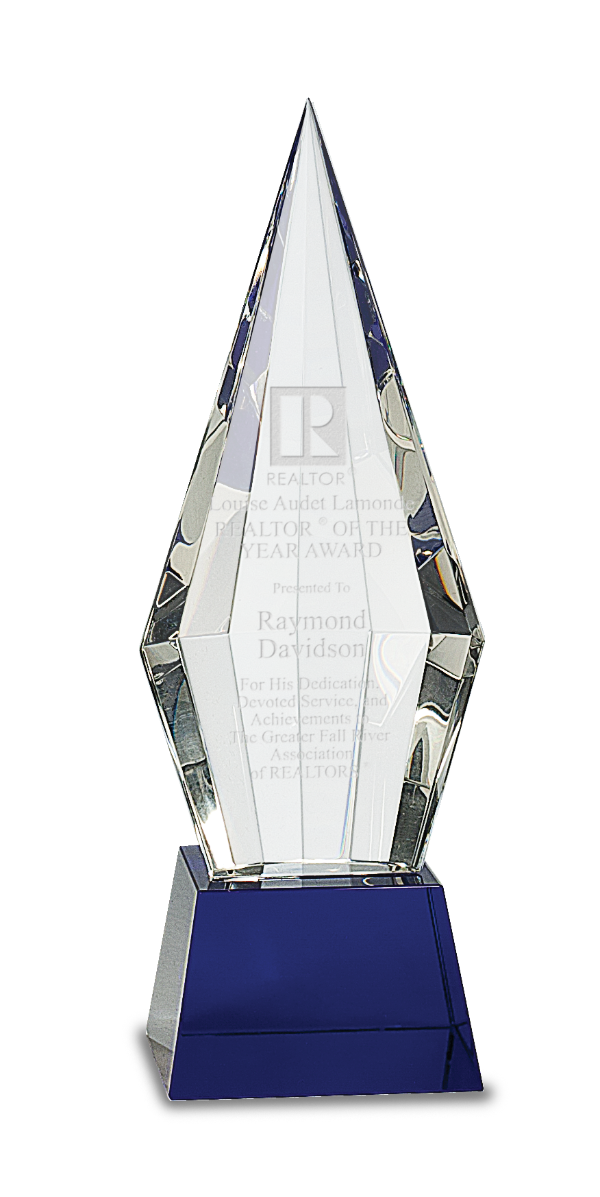 11" Obelisk Facet Crystal on Blue Pedestal Base