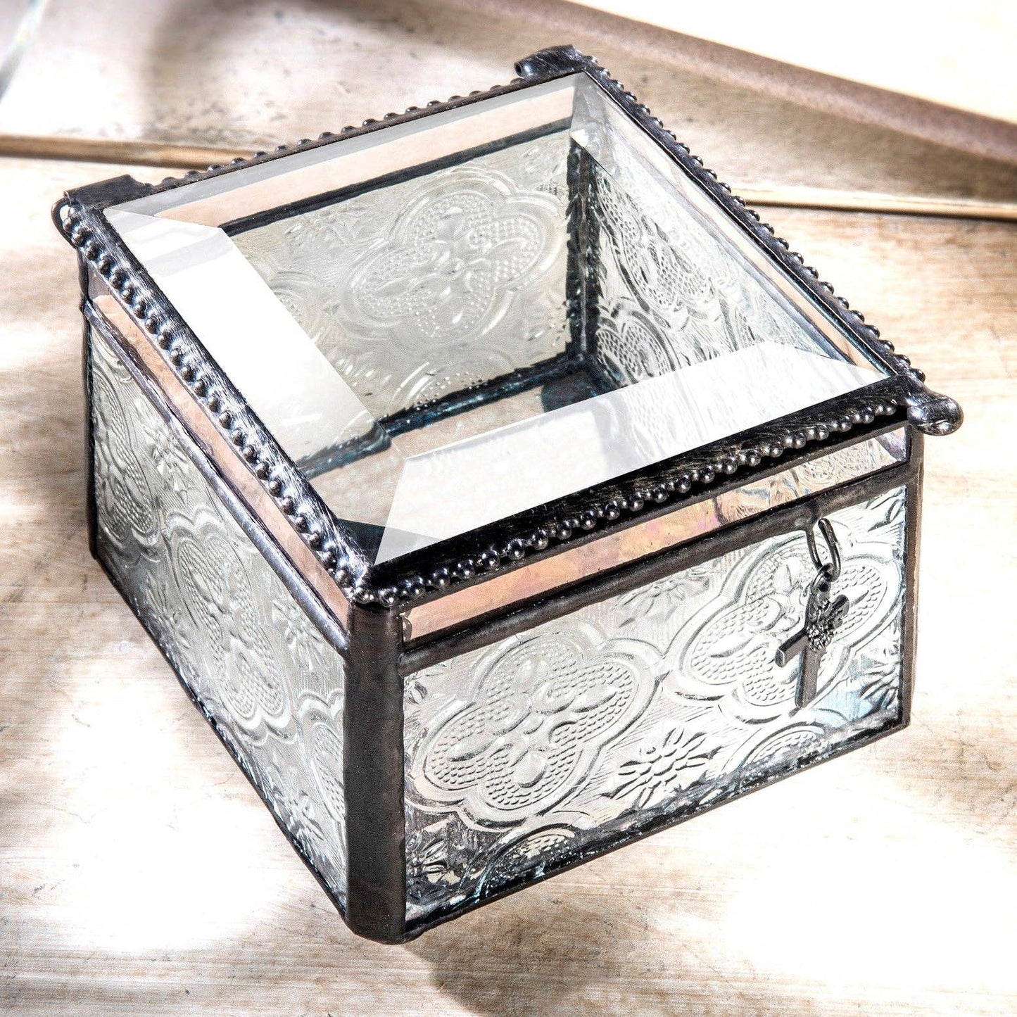 Clear Vintage Glass Keepsake Box with Cross Charm