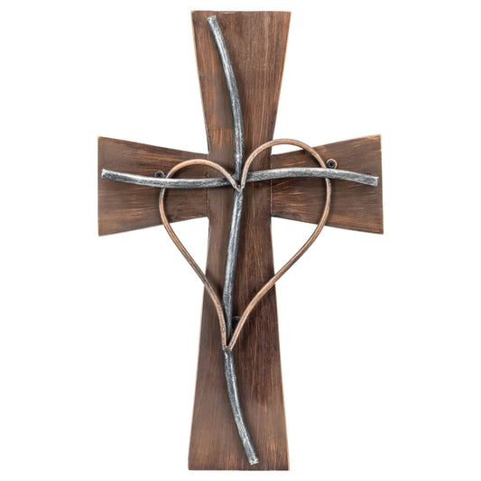 Layered Wood & Metal Heart Cross