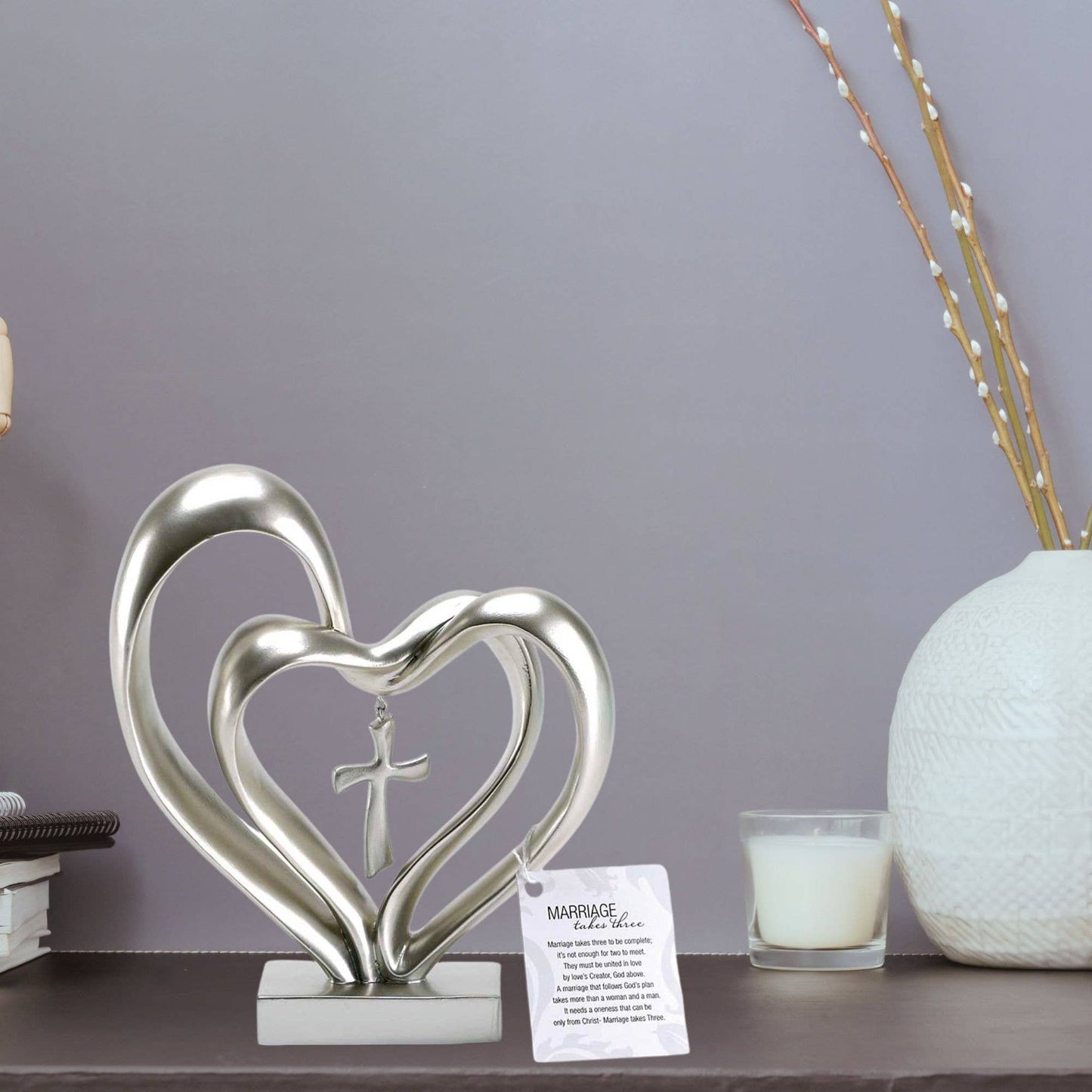 Silver Double Heart With Cross Tabletop Figurine