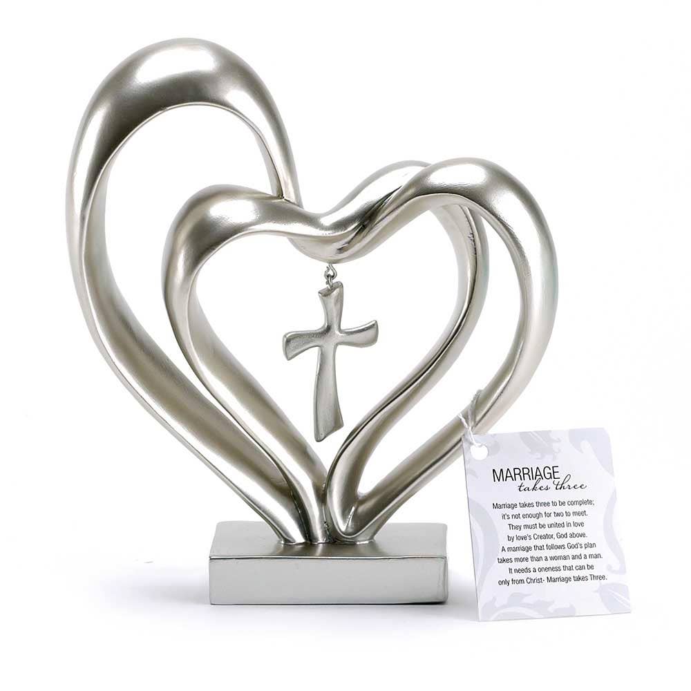 Silver Double Heart With Cross Tabletop Figurine