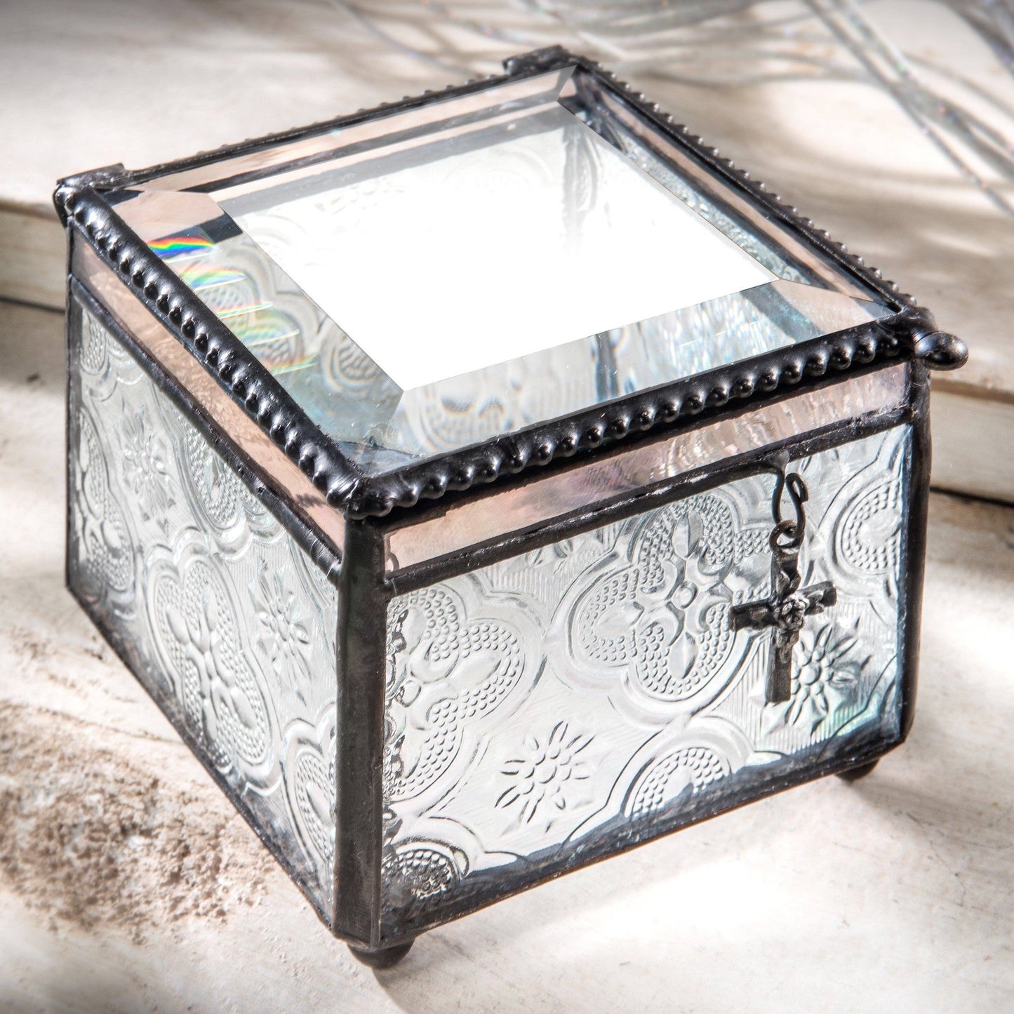 Clear Vintage Glass Keepsake Box with Cross Charm