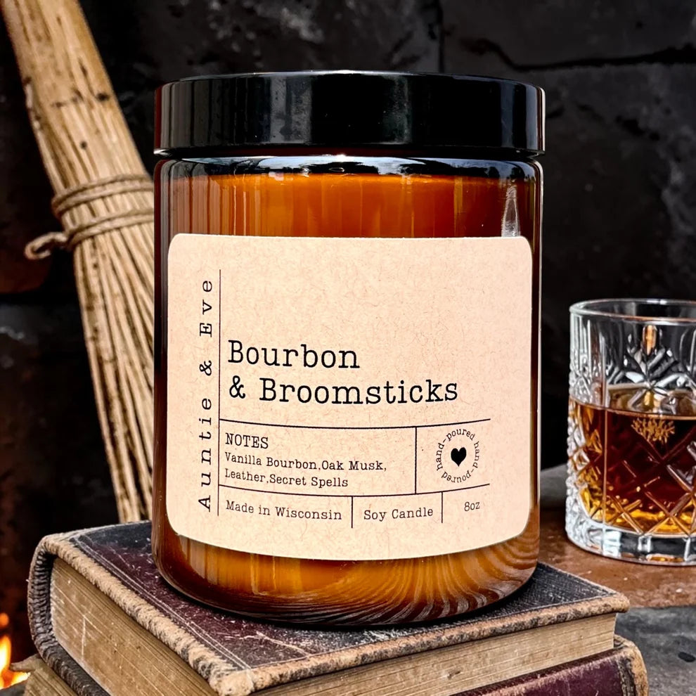 Bourbon & Broomsticks Soy Candle - 8 oz Amber Jar