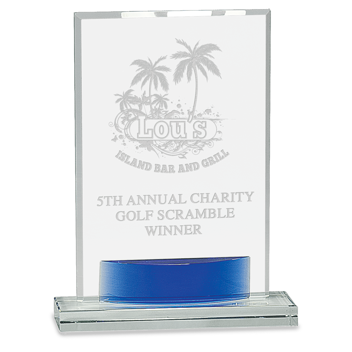 Personalized Crystal Rectangle Award with Blue Accent – custom engraved by Silver Squirrel Engraving & Gifts