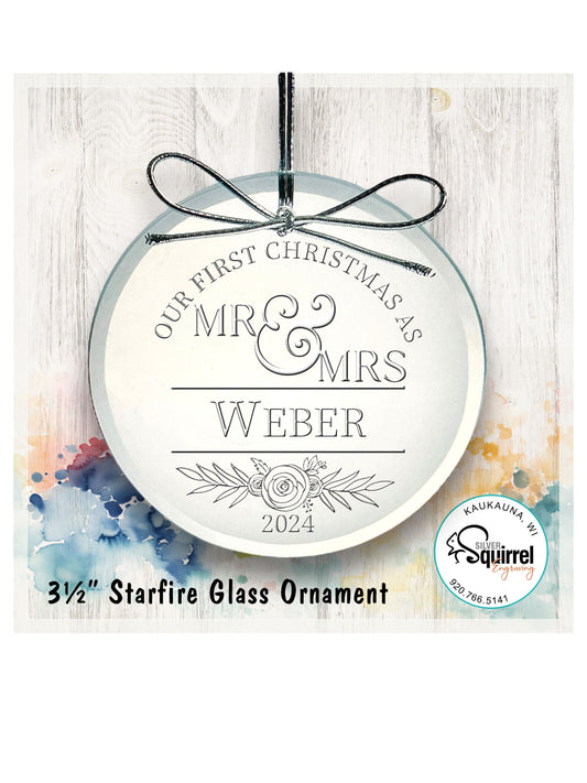 Personalized Frist Christmas as Mr & Mrs Starfire Clear Glass Ornament