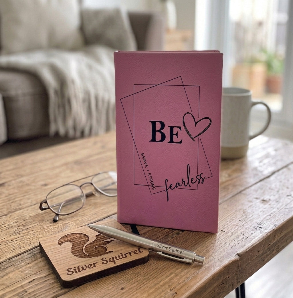 Personalized Leatherette Journal {BE -brave.strong.fearless} – custom engraved by Silver Squirrel Engraving & Gifts