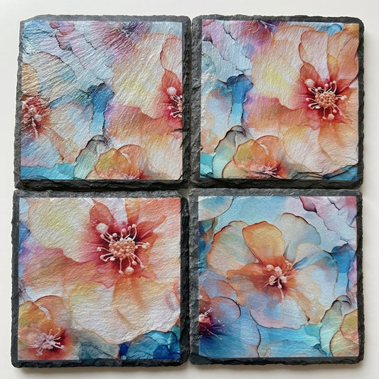 Peach Floral Watercolor Slate Coaster Set of 4