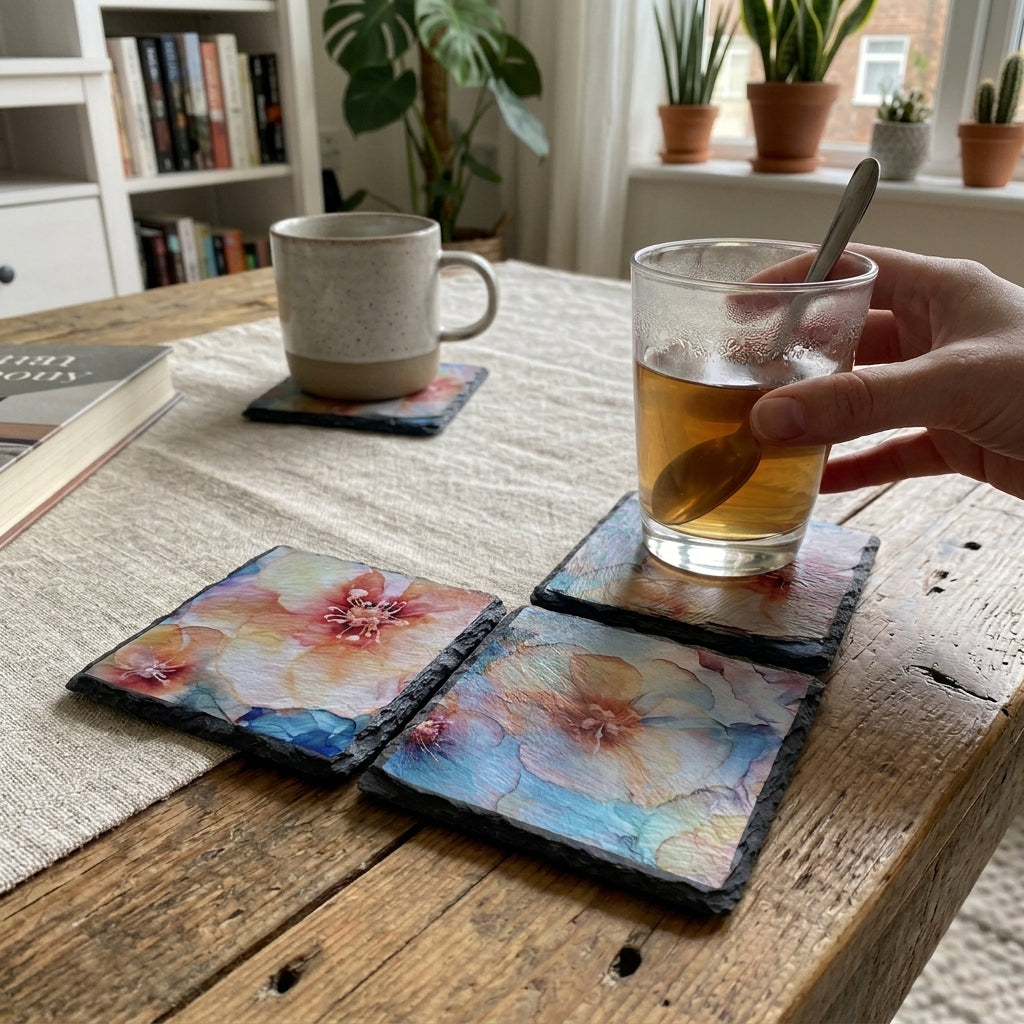 Peach Floral Watercolor Slate Coaster Set of 4