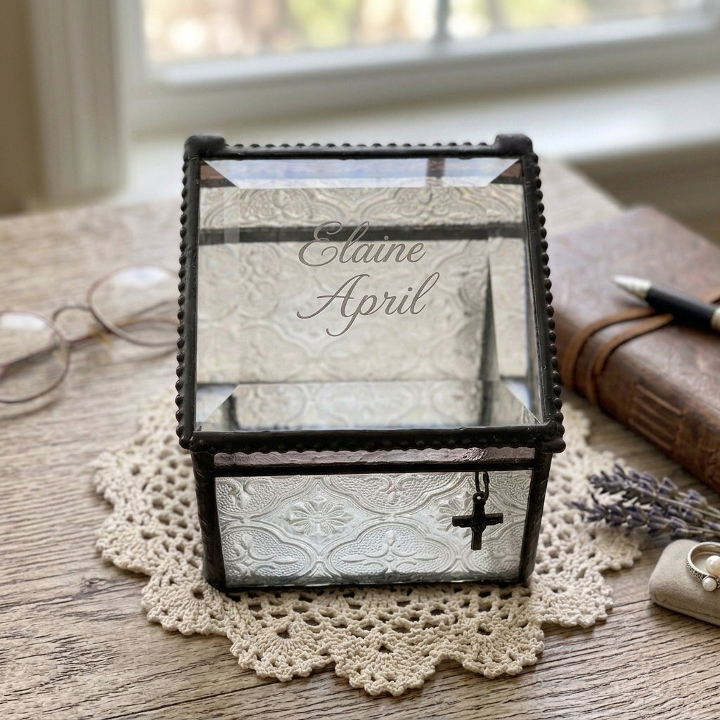 Personalized Vintage Stained Glass Keepsake Box with Cross Charm