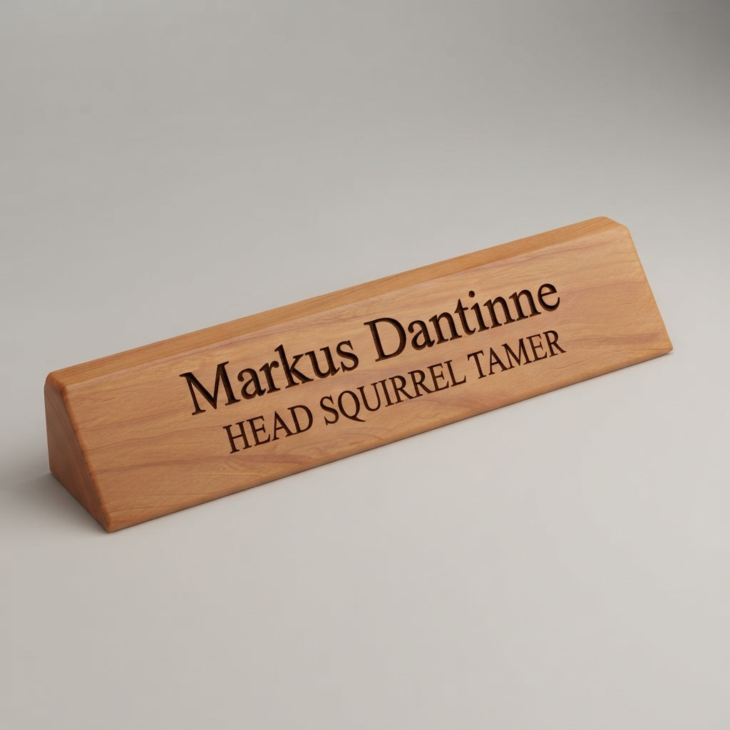 A personalized wooden name plaque with the text 'Markus Dantinne' and 'HEAD SQUIRREL TAMER' engraved on a light brown wood surface, set against a neutral gray background.