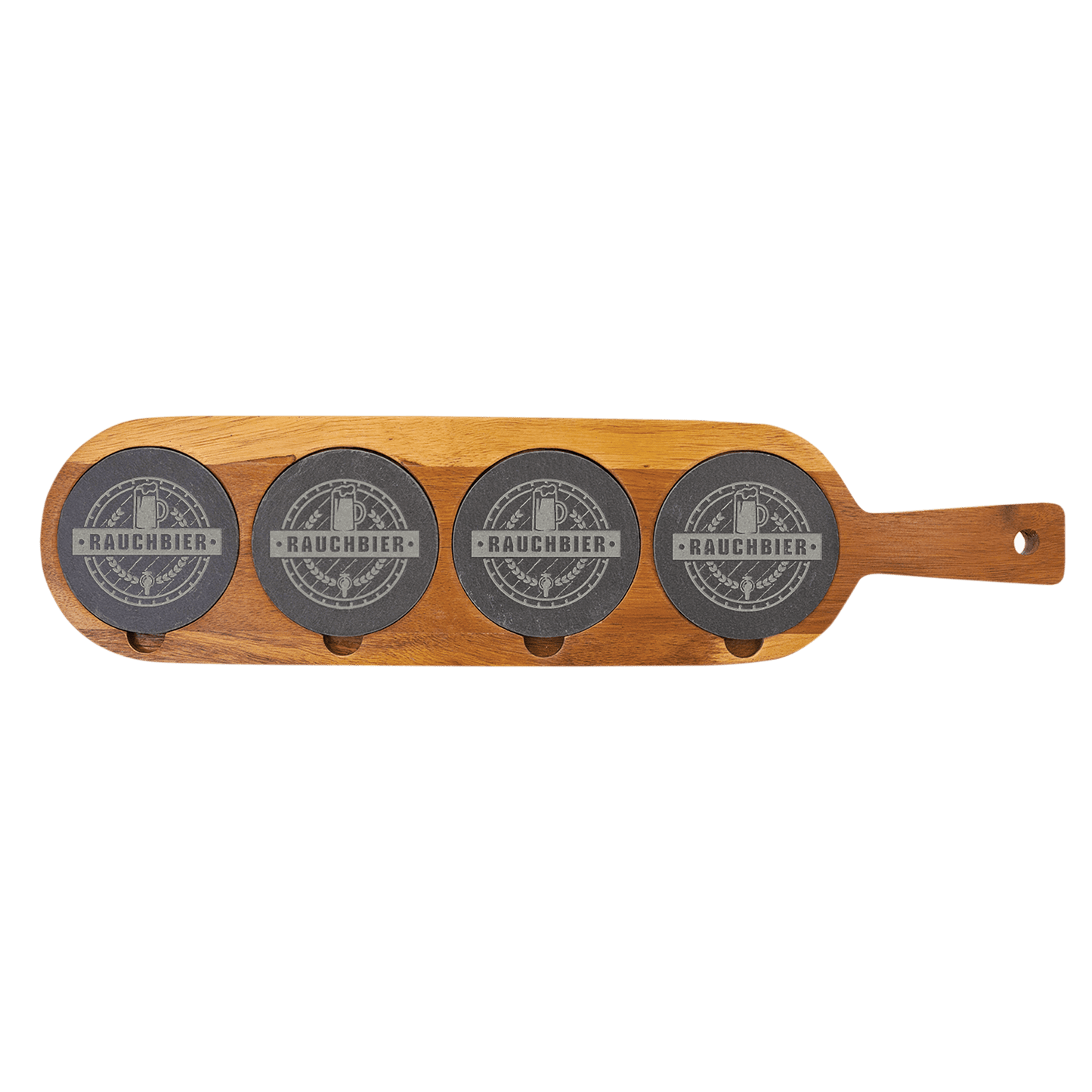 Personalized Acacia Wood Beer Flight Board with Slate Coasters