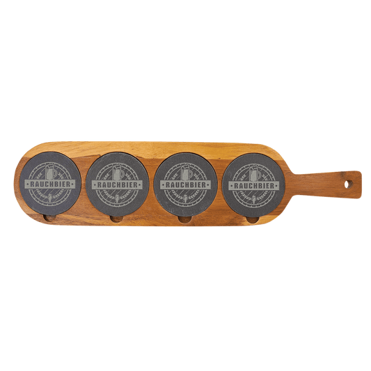 Personalized Acacia Wood Beer Flight Board with Slate Coasters