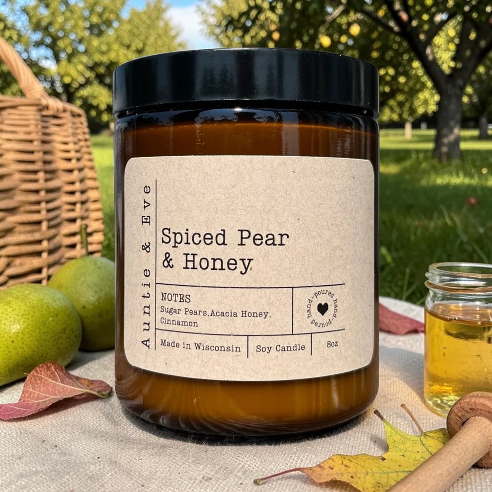 Spiced Pear & Honey Soy Candle - 8 oz Amber Jar