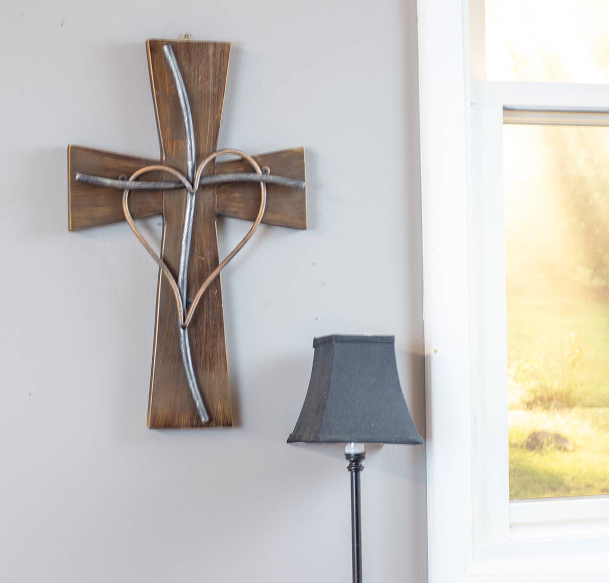 Layered Wood & Metal Heart Cross