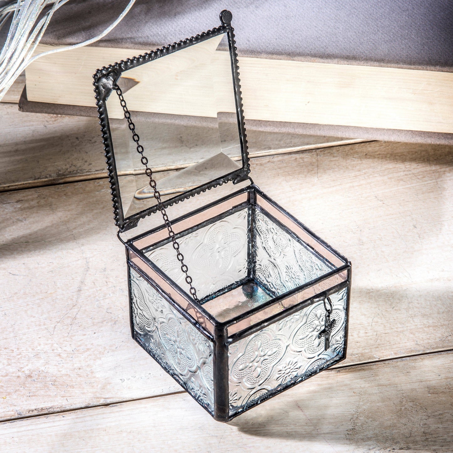 Clear Vintage Glass Keepsake Box with Cross Charm