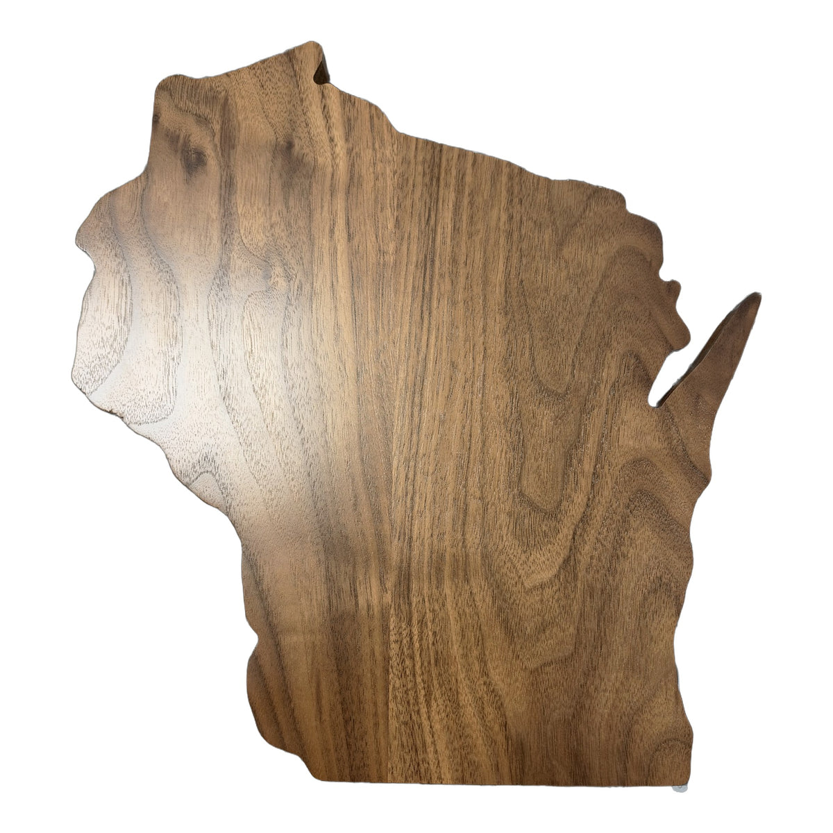 Solid walnut plaque shaped like the state of Wisconsin, front view