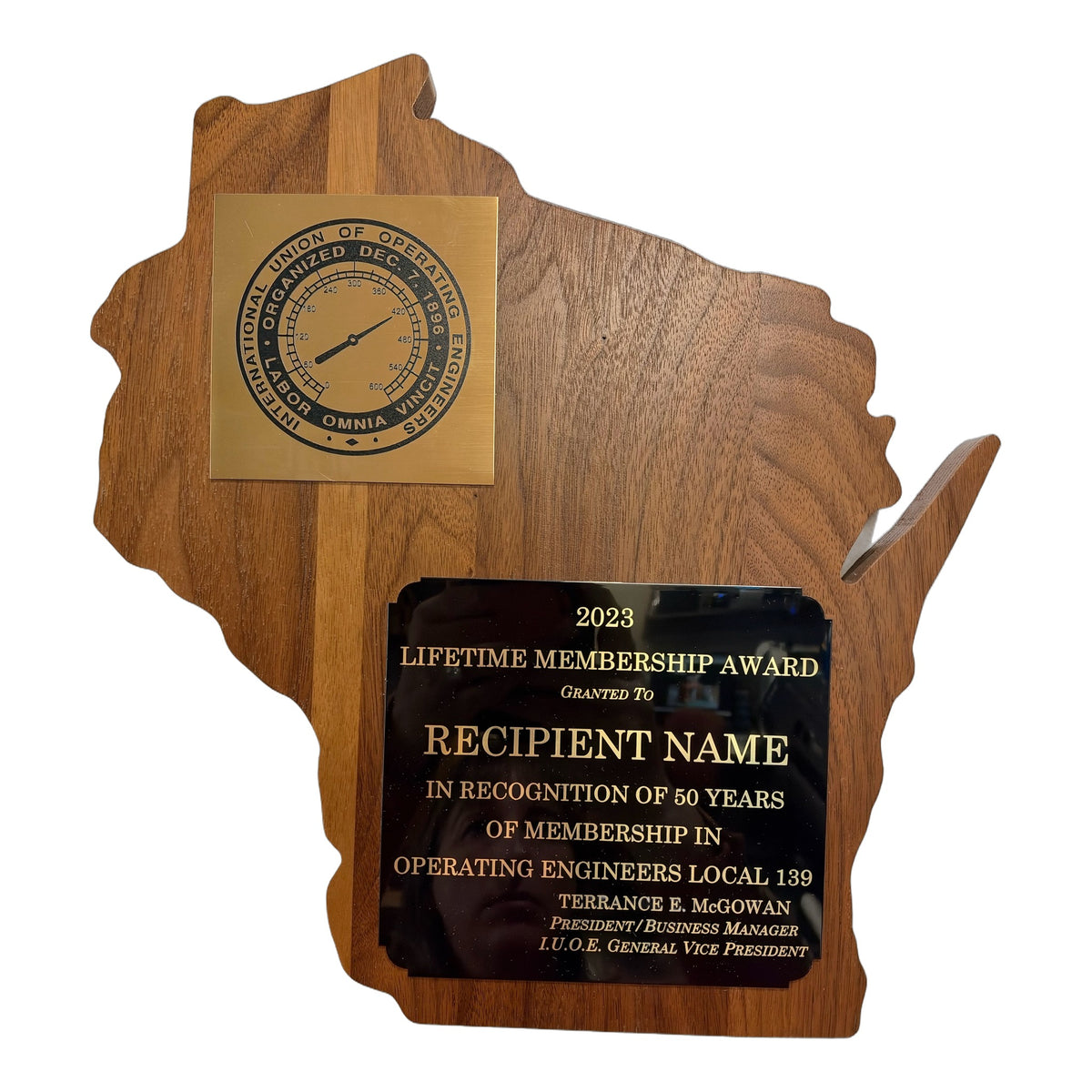 Walnut Wisconsin plaque with engraved brass and black personalized plates