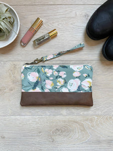 Sage and Pink Floral Wristlet
