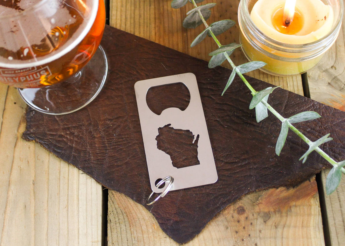 Personalized Wisconsin State Stainless Steel Beer Bottle Opener Gift – custom engraved by Silver Squirrel Engraving & Gifts