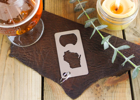 Personalized Wisconsin State Stainless Steel Beer Bottle Opener Gift – custom engraved by Silver Squirrel Engraving & Gifts
