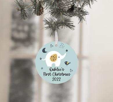 Baby's First Christmas Round Ceramic Ornament {Personalized Elephant}