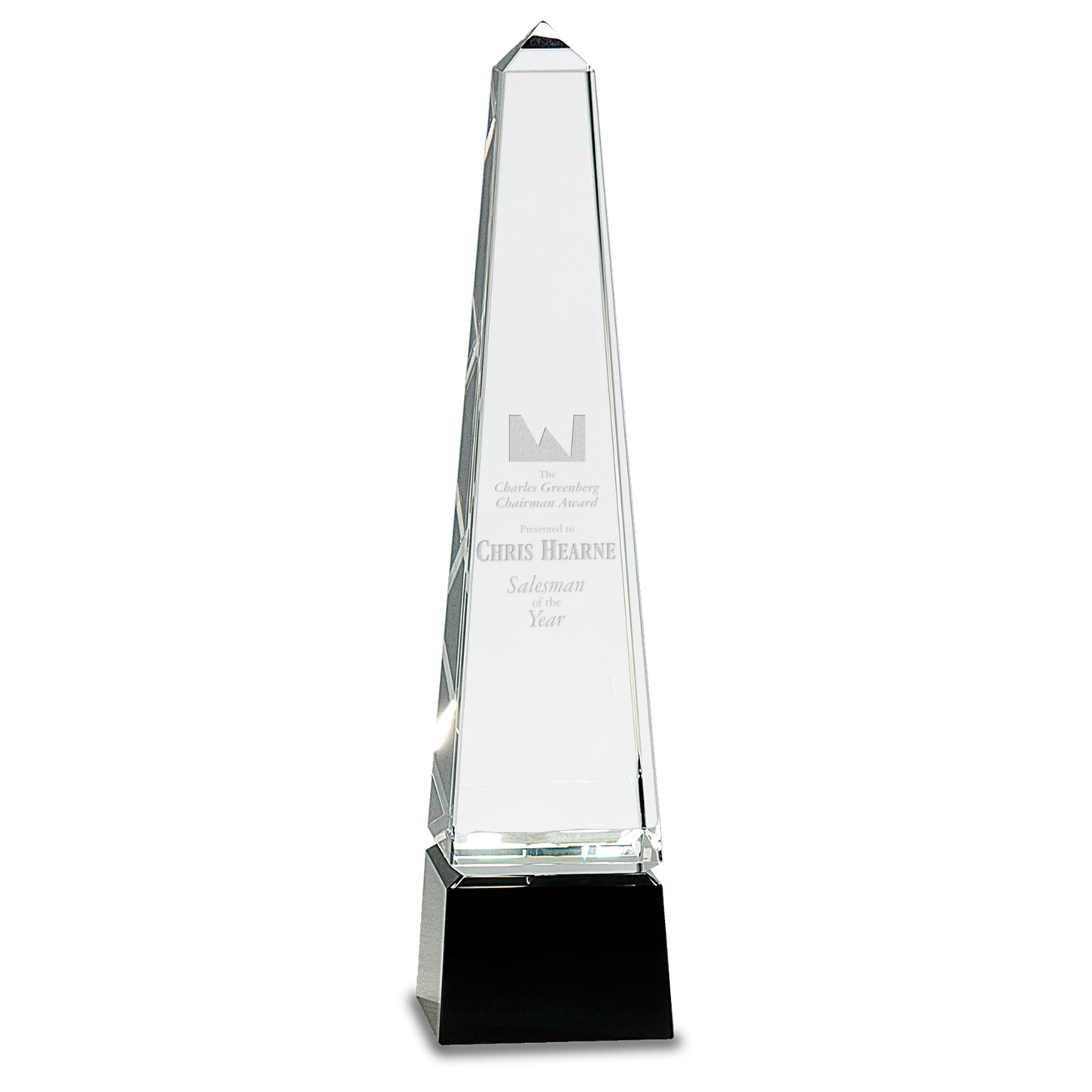 12" Obelisk Crystal on Black Pedestal Base