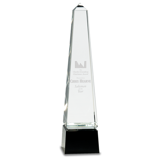 12" Obelisk Crystal on Black Pedestal Base