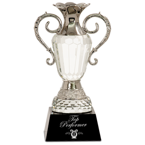 10" Crystal Cup with Silver Metal Handles on Black Pedestal Base