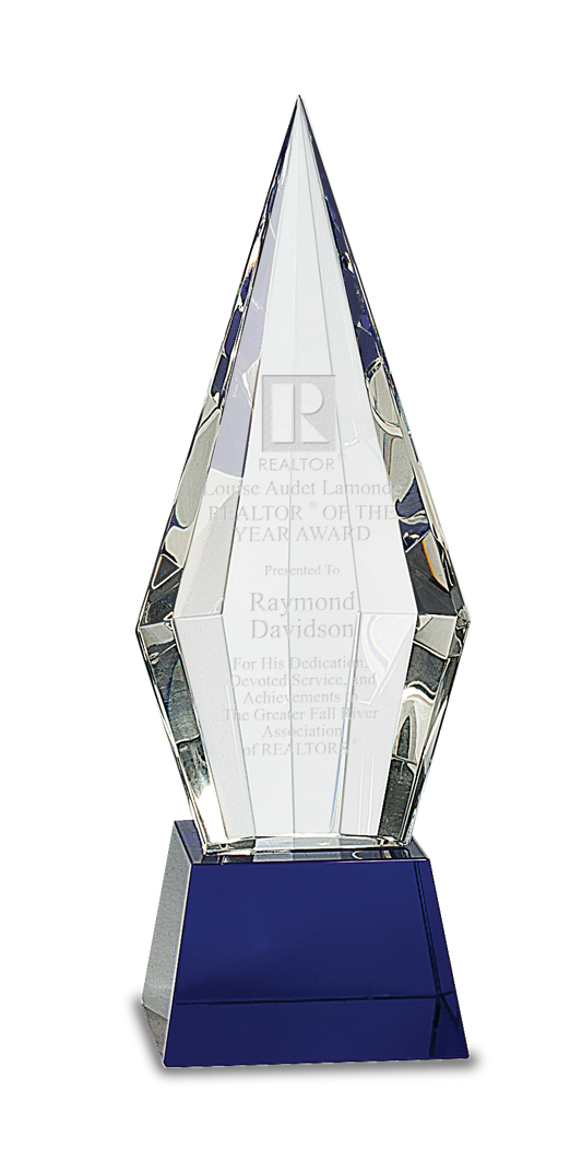 11" Obelisk Facet Crystal on Blue Pedestal Base