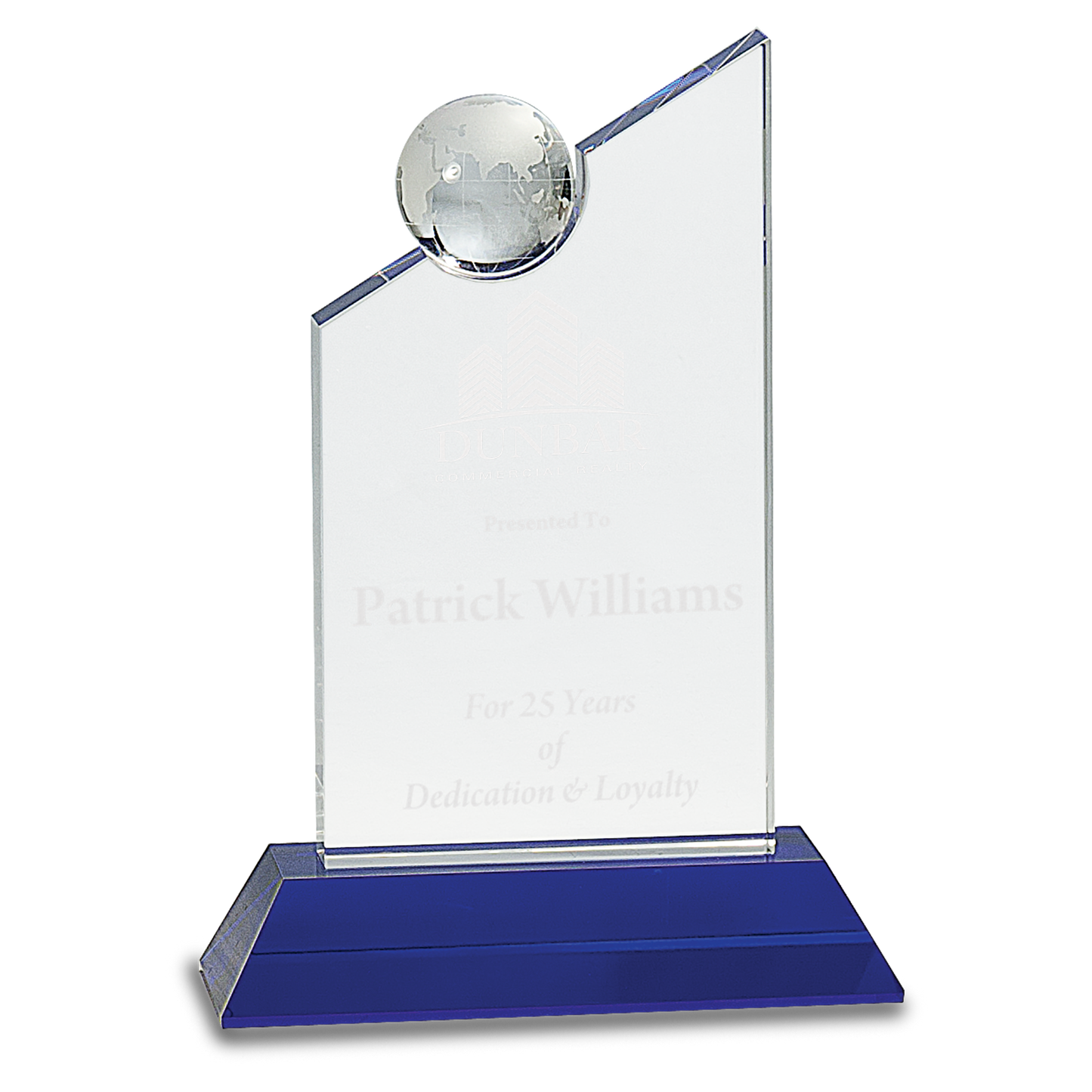 8 1/4" Clear Crystal with Inset Crystal Globe and Blue Base