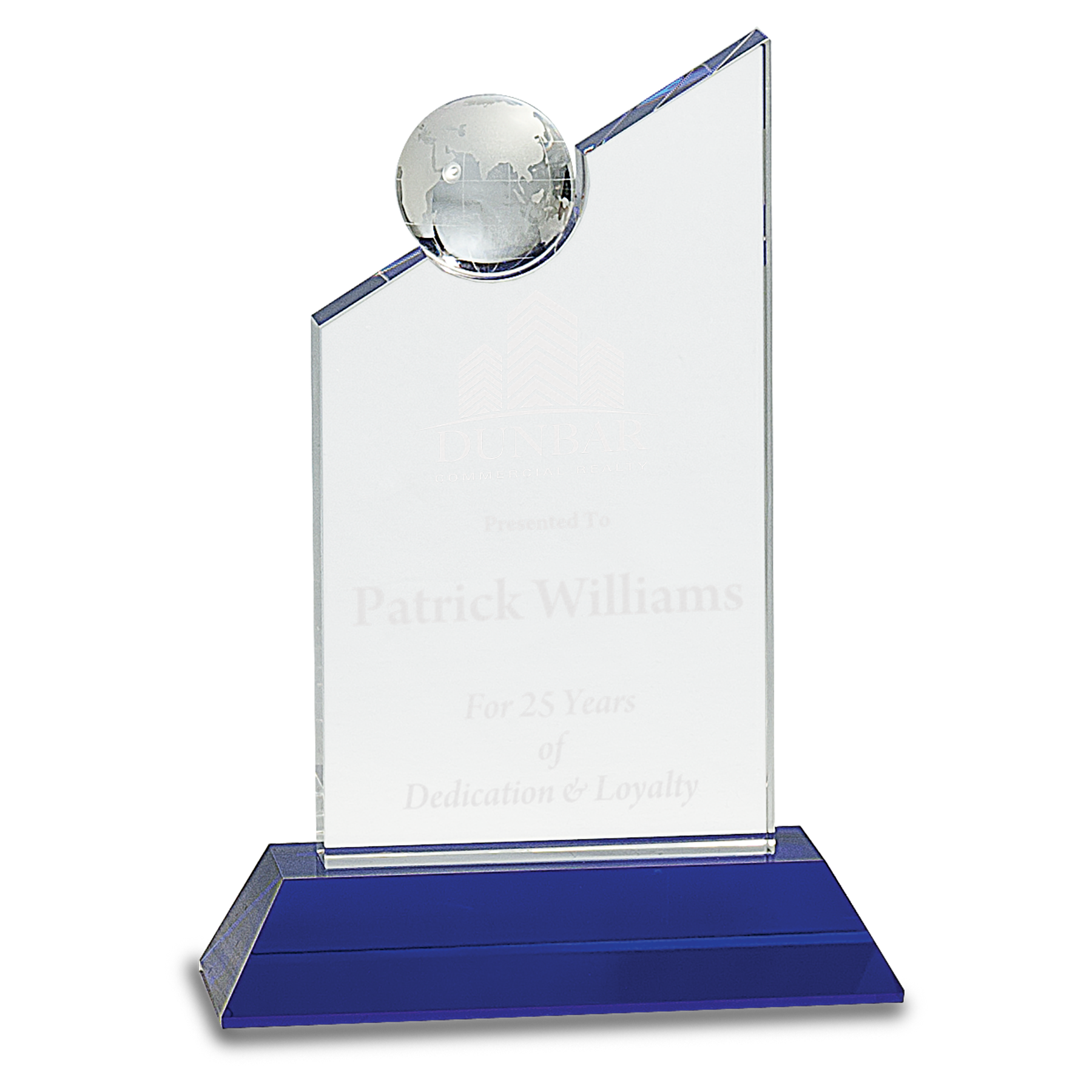 8 1/4" Clear Crystal with Inset Crystal Globe and Blue Base