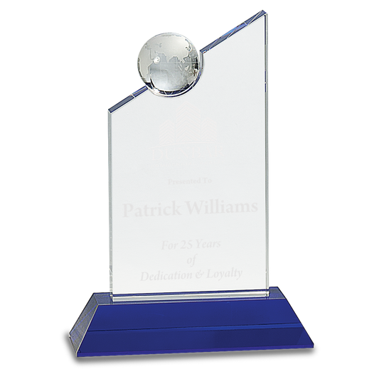 8 1/4" Clear Crystal with Inset Crystal Globe and Blue Base