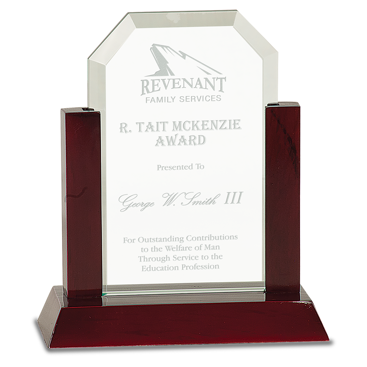 7" Jade Clip Corner Glass Award with Rosewood Finish Base