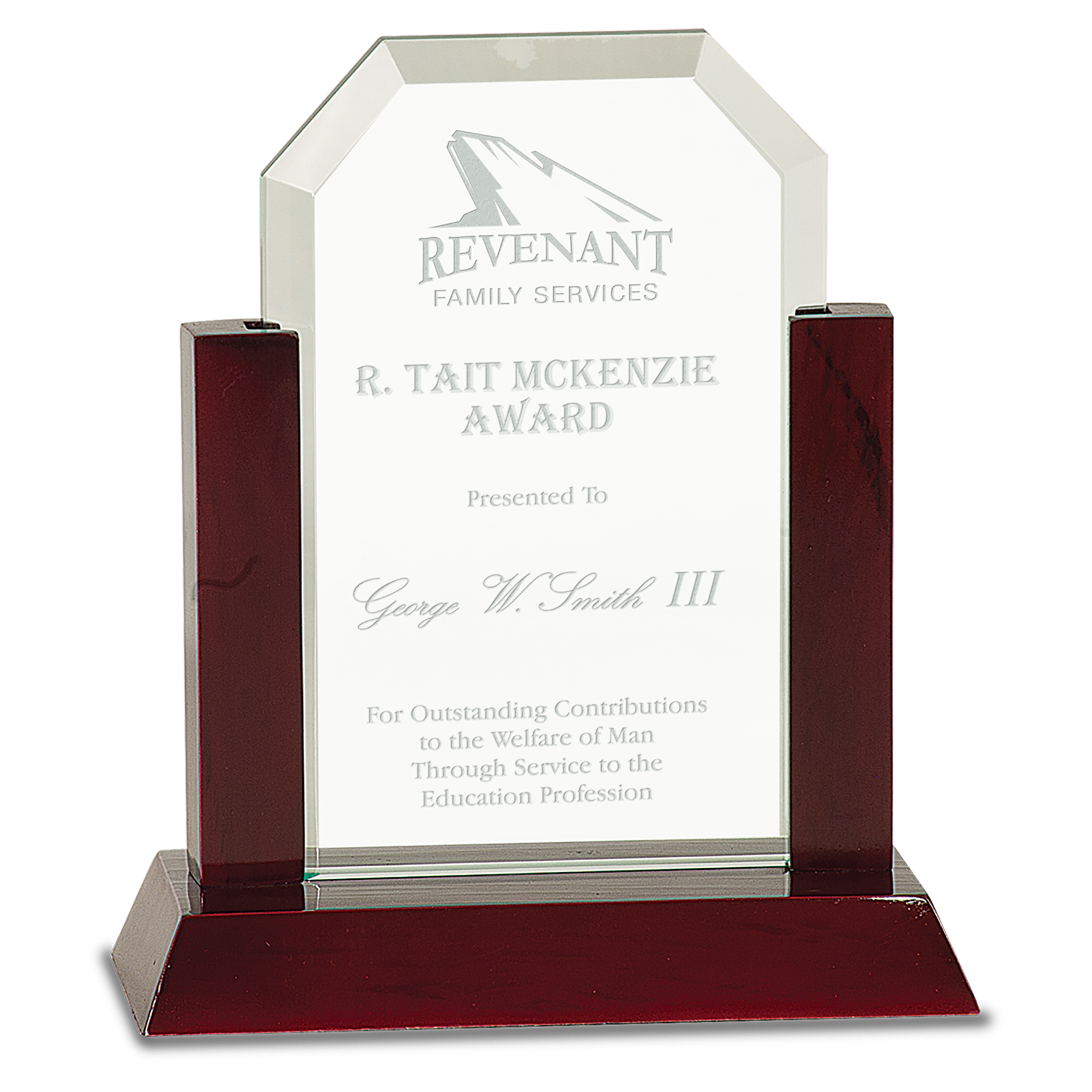 7" Jade Clip Corner Glass Award with Rosewood Finish Base