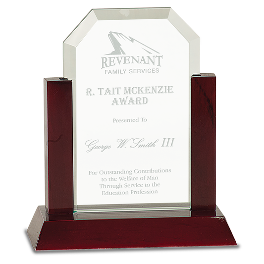 7" Jade Clip Corner Glass Award with Rosewood Finish Base