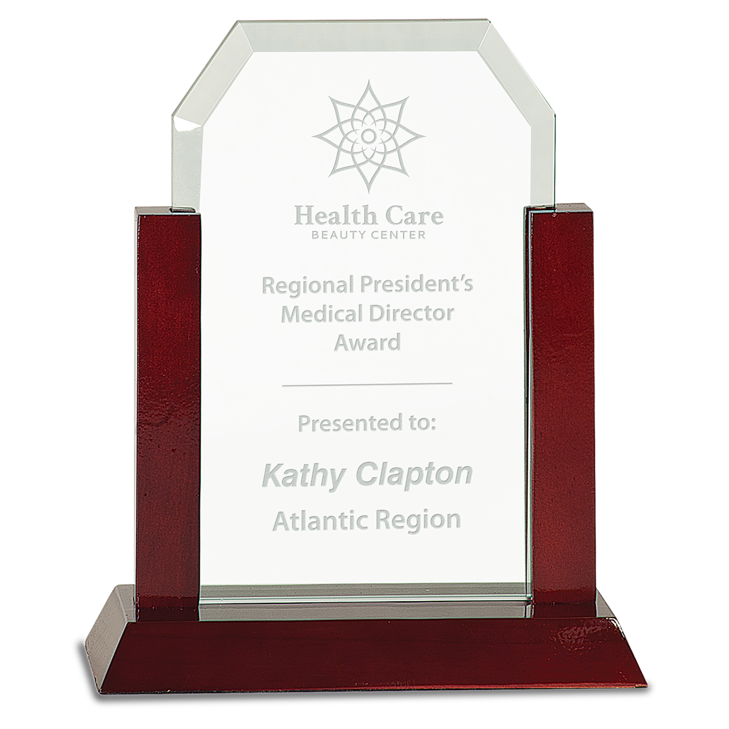 8" Jade Clip Corner Glass Award with Rosewood Finish Base