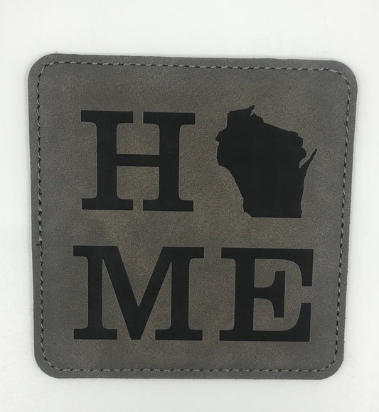 Square Leatherette Coaster {HOME Wisconsin}, a personalized gifts – custom engraved by Silver Squirrel Engraving & Gifts