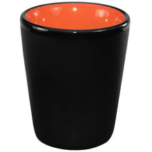 Load image into Gallery viewer, Ceramic Matte Black Shot Glass with Colorful Interior {Firefighter Thin Red Line Sheild}