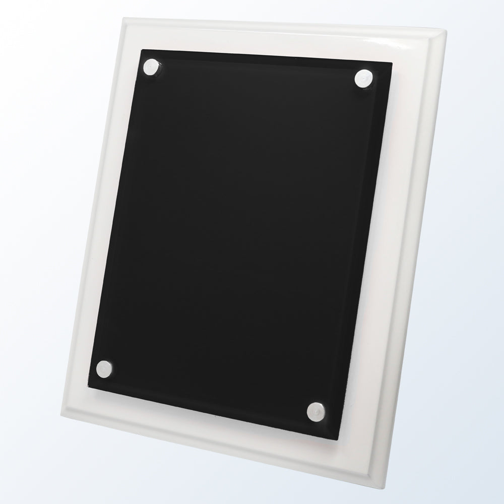 White Wood Plaque- Black Acrylic Plate