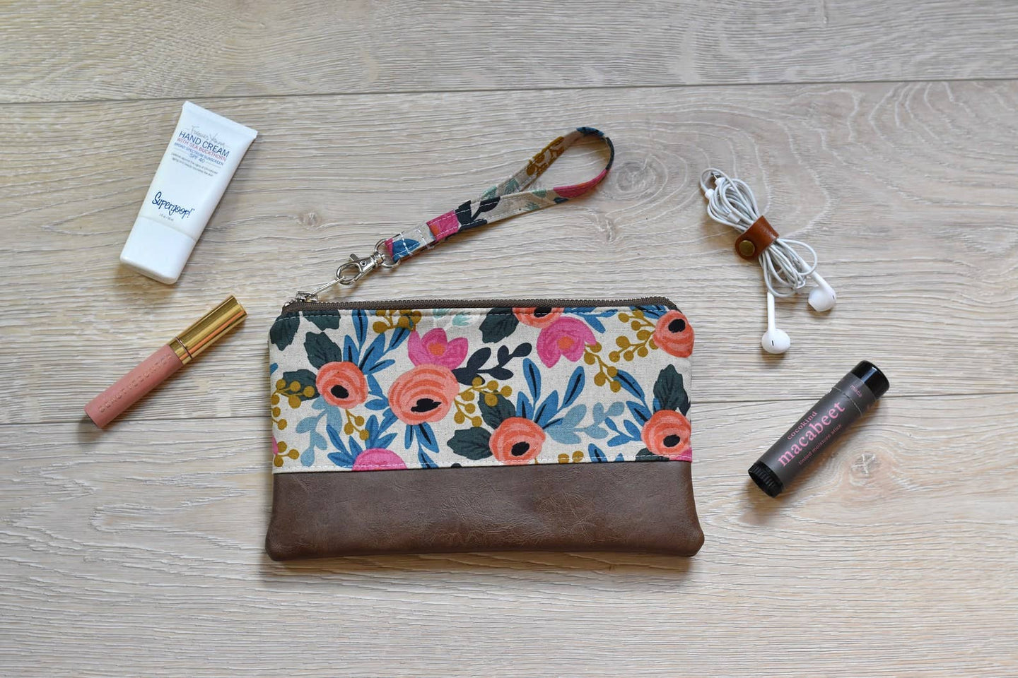 Pink and Cream Floral Wristlet