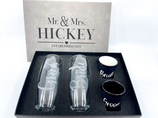 Personalized Bride & Groom Champagne/Shot Glass Set