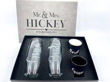 Load image into Gallery viewer, Personalized Bride &amp; Groom Champagne/Shot Glass Set