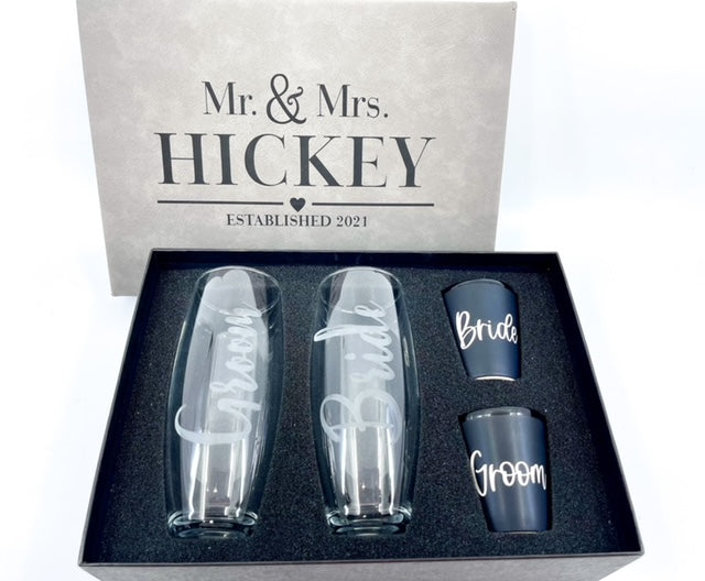 Personalized Bride & Groom Champagne/Shot Glass Set