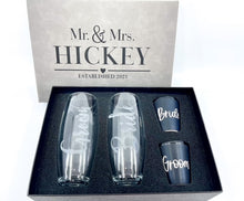 Load image into Gallery viewer, Personalized Bride &amp; Groom Champagne/Shot Glass Set