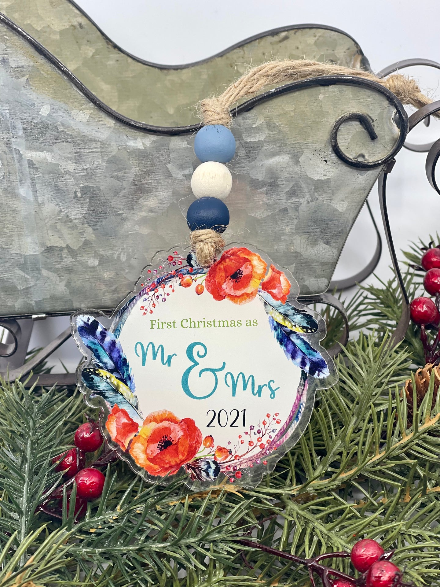 Acrylic Ornament {First Christmas as Mr & Mrs - Feather Design}