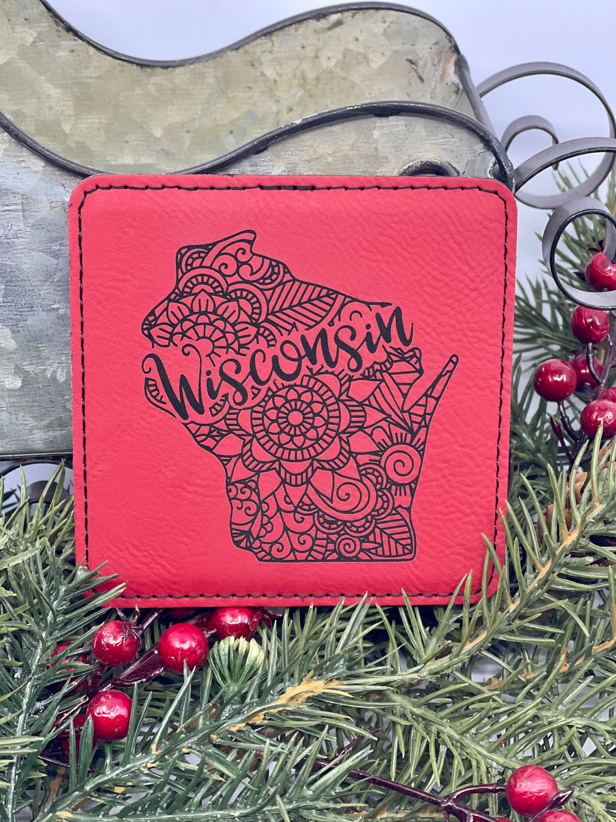 Square Leatherette Coaster {Wisconsin Mandala}, a personalized gifts – custom engraved by Silver Squirrel Engraving & Gifts